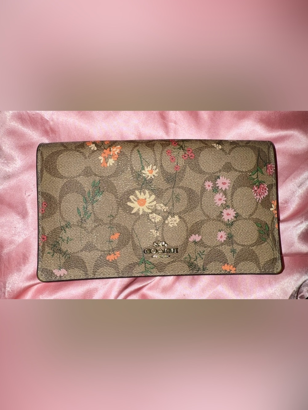 Coach Floral Leather Wallet - Olive Green with Pink & Brown Accents